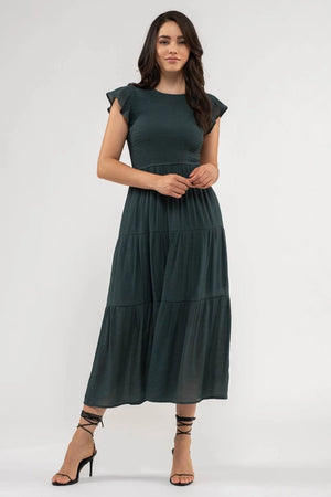 Hunter Green Smocked Midi Dress