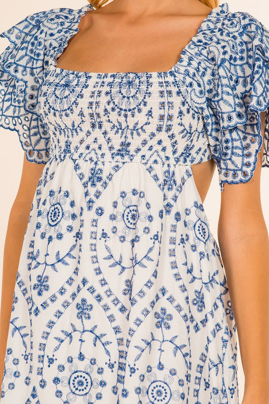 Blue/White Embroidered Midi Dress