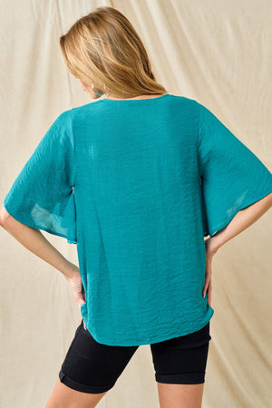 Teal Pleated Bell Sleeve Top