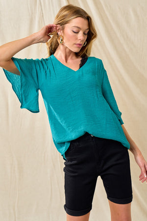 Teal Pleated Bell Sleeve Top