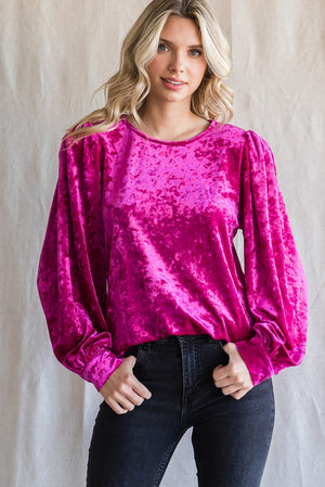 Magenta Velvet Puff Sleeve Top Plus
