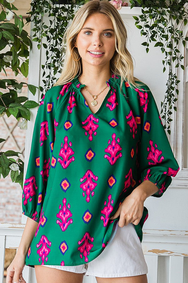 Green Hot Pink Bubble Sleeve Top