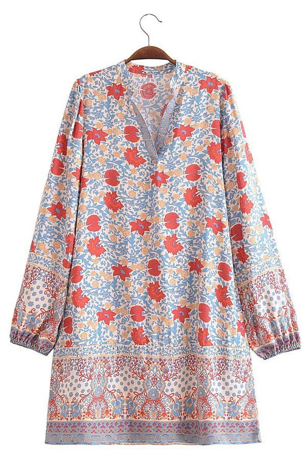 Beige/Red Floral Long Sleeve Dress