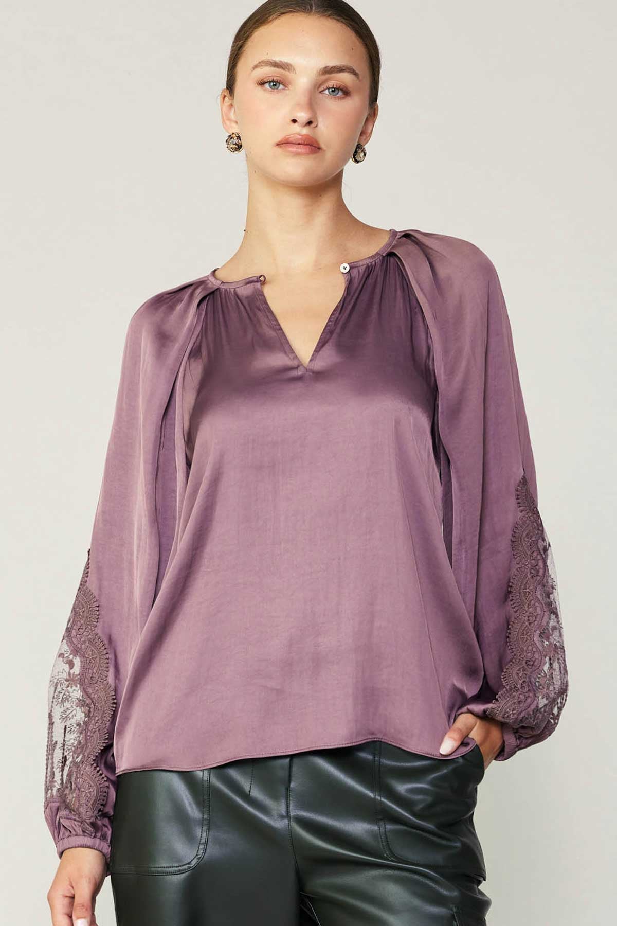 CA Rose Taupe Lace Sleeve Top