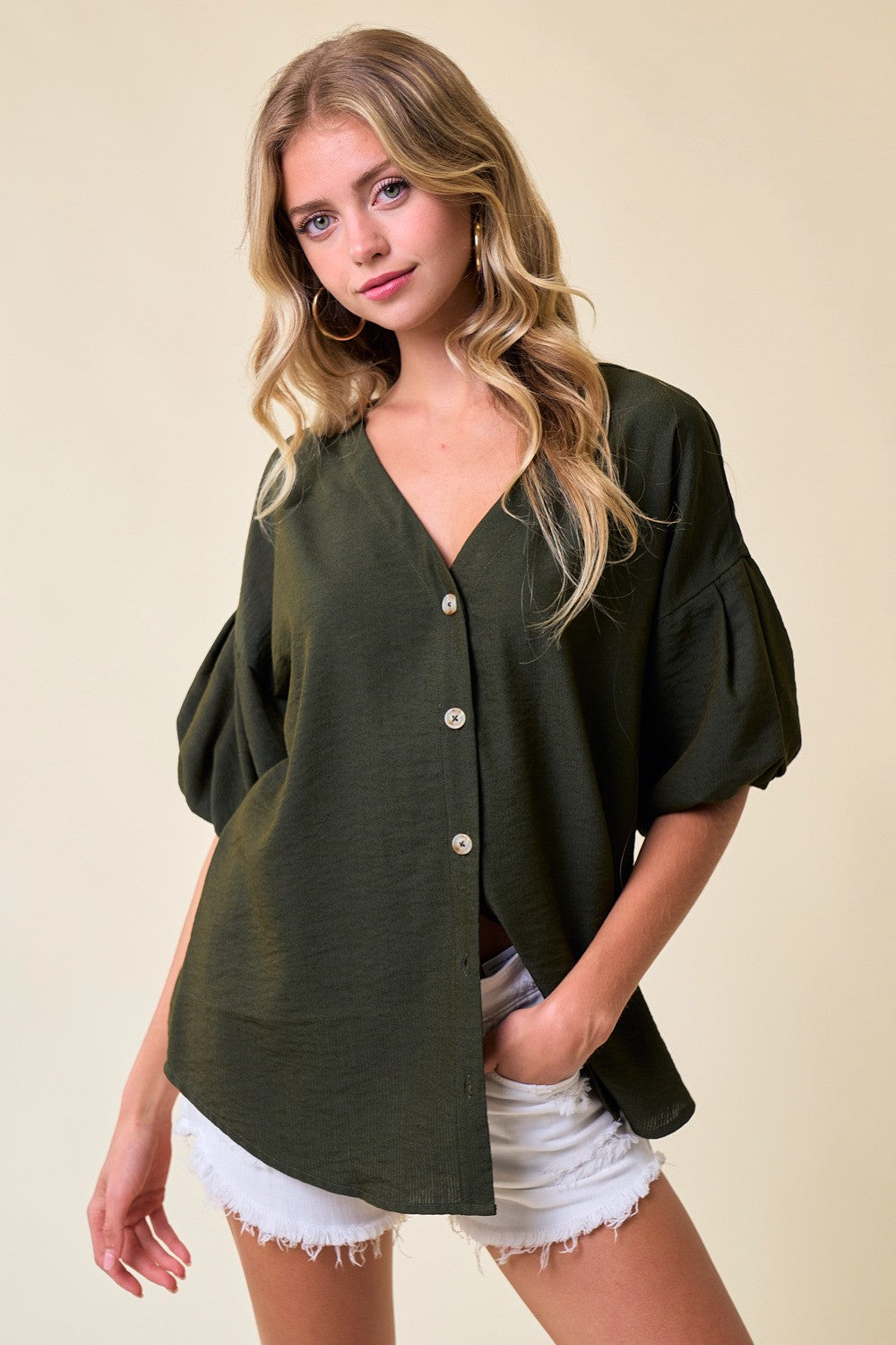 Bubble Sleeve Button Down Top