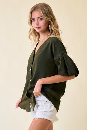 Bubble Sleeve Button Down Top