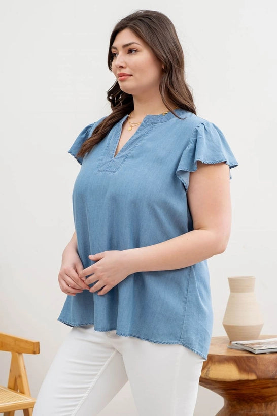 Chambray Flutter Sleeve Top Plus