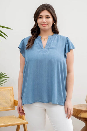 Chambray Flutter Sleeve Top Plus
