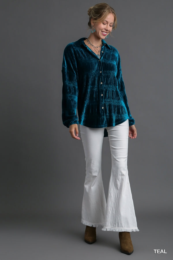 Teal Gathered Button Up Top